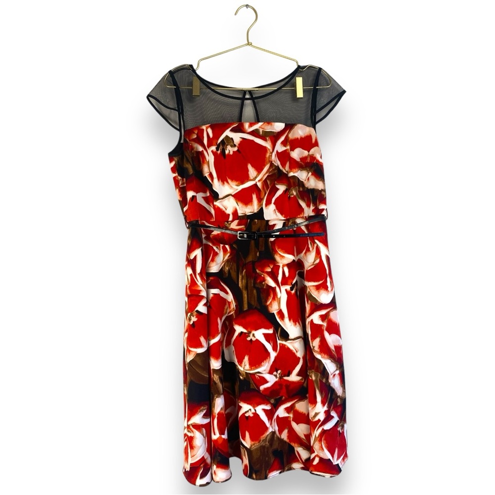 Liz Claiborne Floral Dress Sheer Neckline Belted Midi Women 10 Red White 341